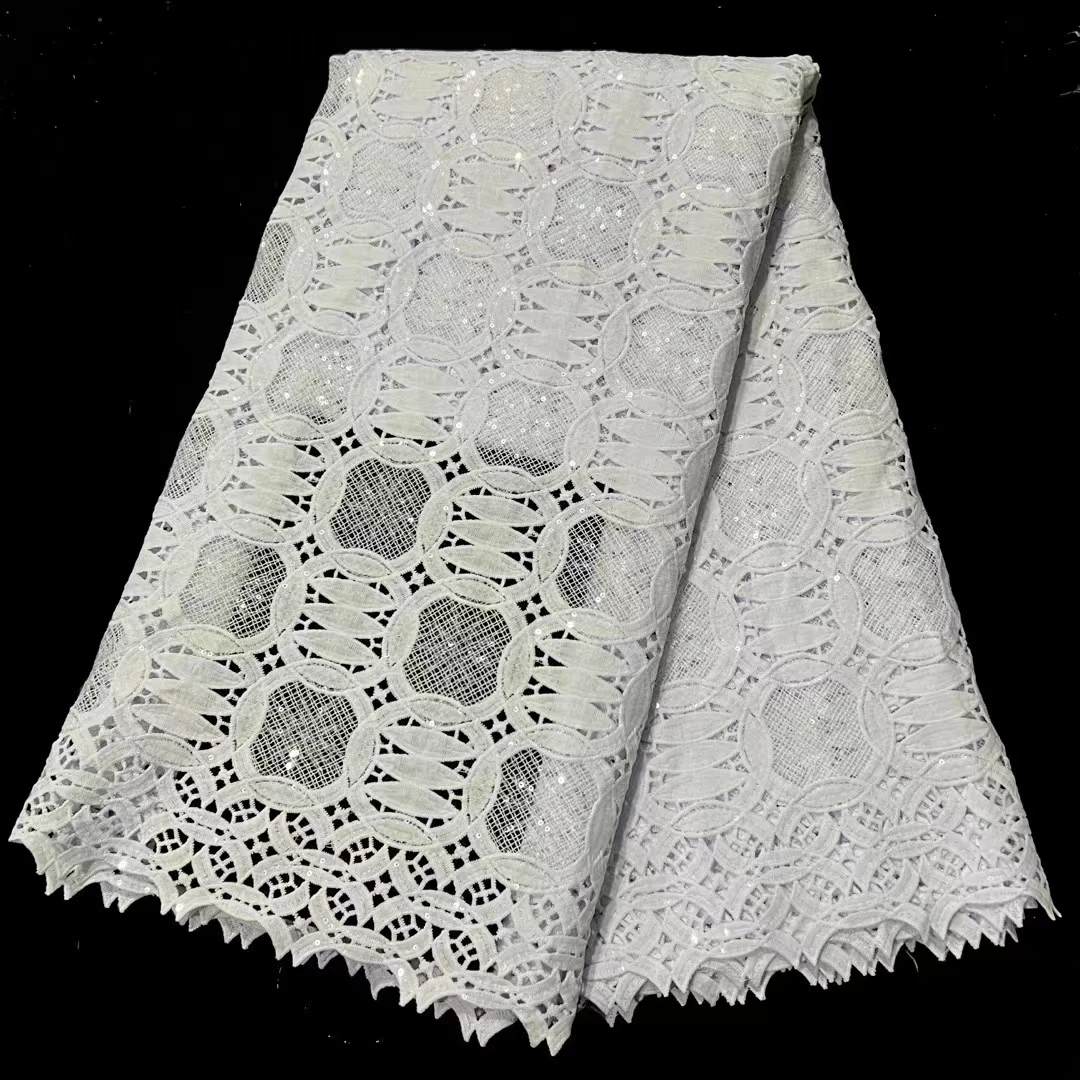 

African Water Soluble Lace Fabric Sequins 5Yards 2024 French Nigerian Guipure Cord Lace Fabric For Women Dress Wedding RFY1-13