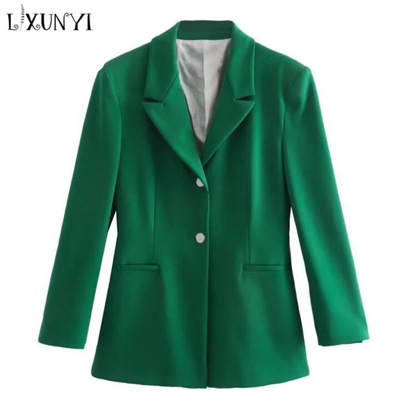 

LXUNYI Blazer Women Spring Autumn Women's Solid Long Sleeve Green jacket Single Breasted Casual Office Coat bleizer de mujer