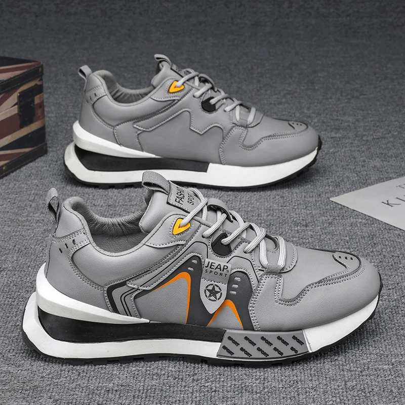 

Men's Sports Shoes Leather Casual Thick Bottom New Young Style Trendy All-match Soft Comfortable High-elastic Autumn Male Shoe