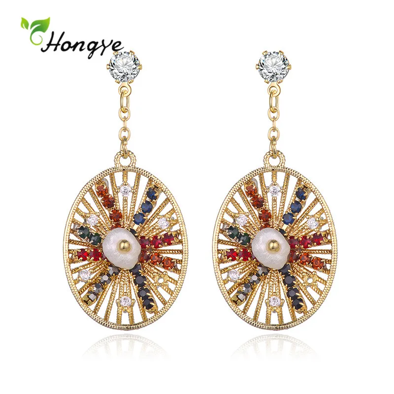 

Retro Hollow Ovel Natural Freshwater Pearl Drop Earrings for Women Beads Boho Fashion Zircon Brincos Dangle Jewelry