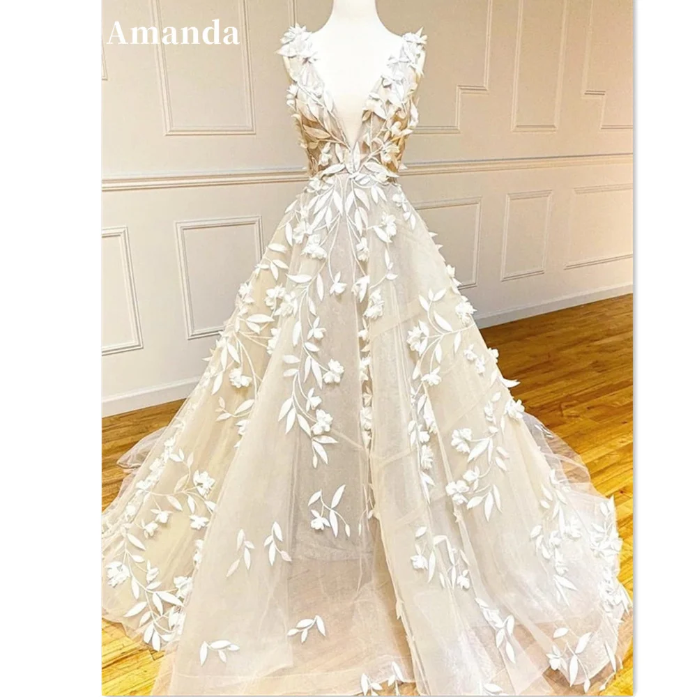 

Amanda Lace Embroidery Evening Dress Beige V-neck Formal Gowns 3D Flower Celebrity Dresses Gentle Tulle Floor Length Prom Dress