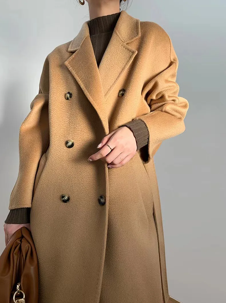 

Winter Ripple Cashmere Wool Coat Female Mid-length Loose Khaki Coat Women Fashion 2023 Autumn Double Breasted Camel Black Coat