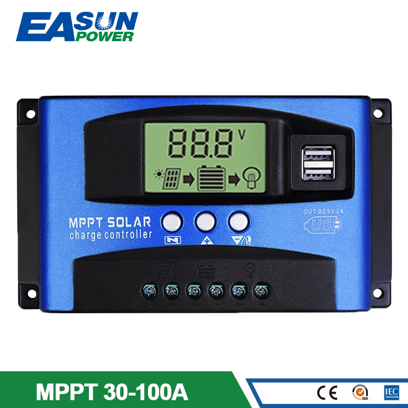 MPPT Solar Charge Controller 30A 40A 50A 60A 100A Dual USB LCD Display 12V 24V Solar Cell Panel Charger Regulator with Load