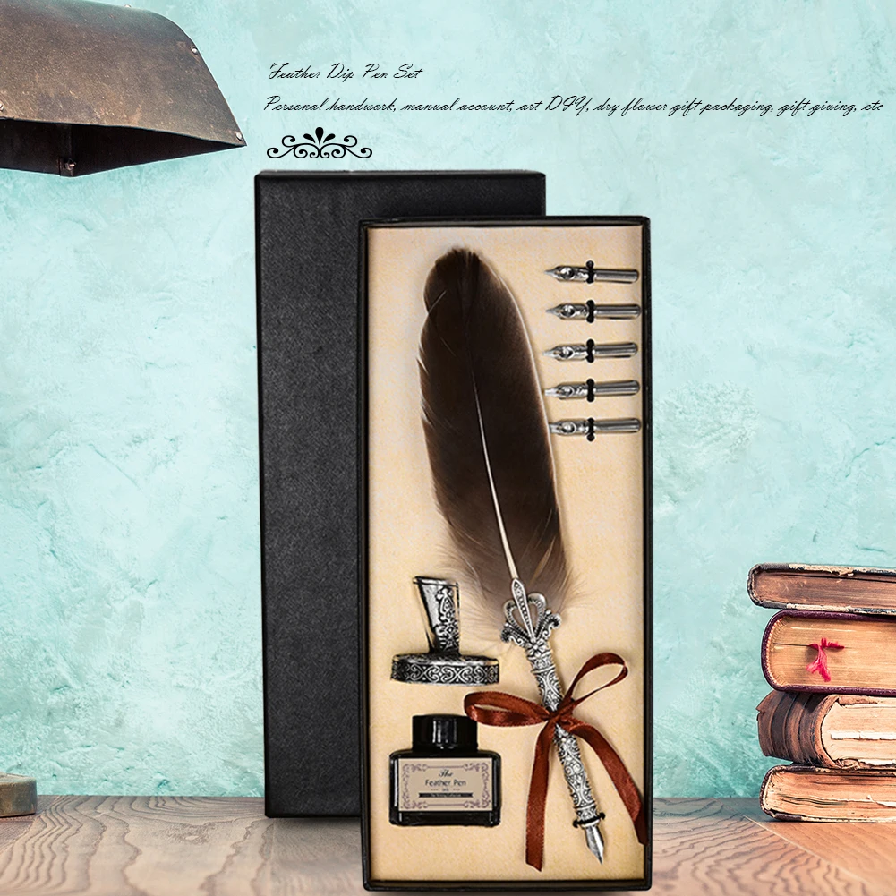 Vintage Calligraphy Feather Dip Pen Set with Ink - Creative Retro Writing Stationery