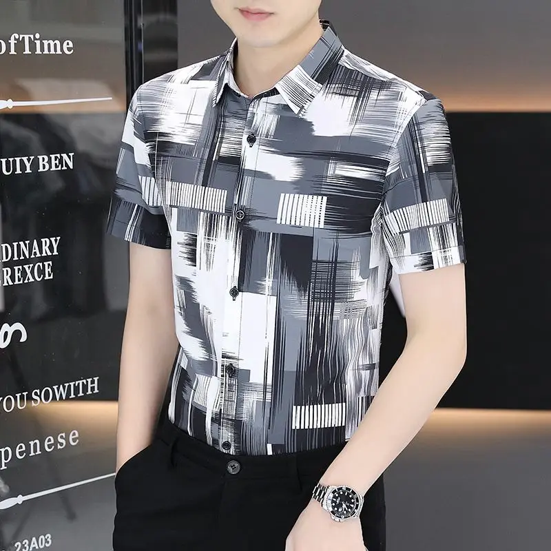 Business Casual Men Shirts Summer New Lapel Ice Silk Wave Printing Button Streetwear Fashion Office Social Short Sleeve Tops 6