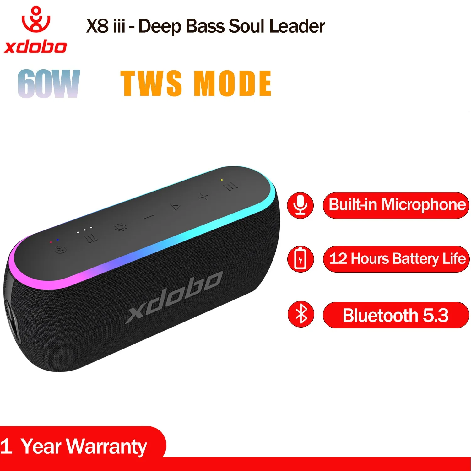 

Xdobo X8III 60W Loud Bluetooth Speaker with Stereo Sound, Built-in Power Bank, IPX7 Waterproof, for Home Party Outdoor