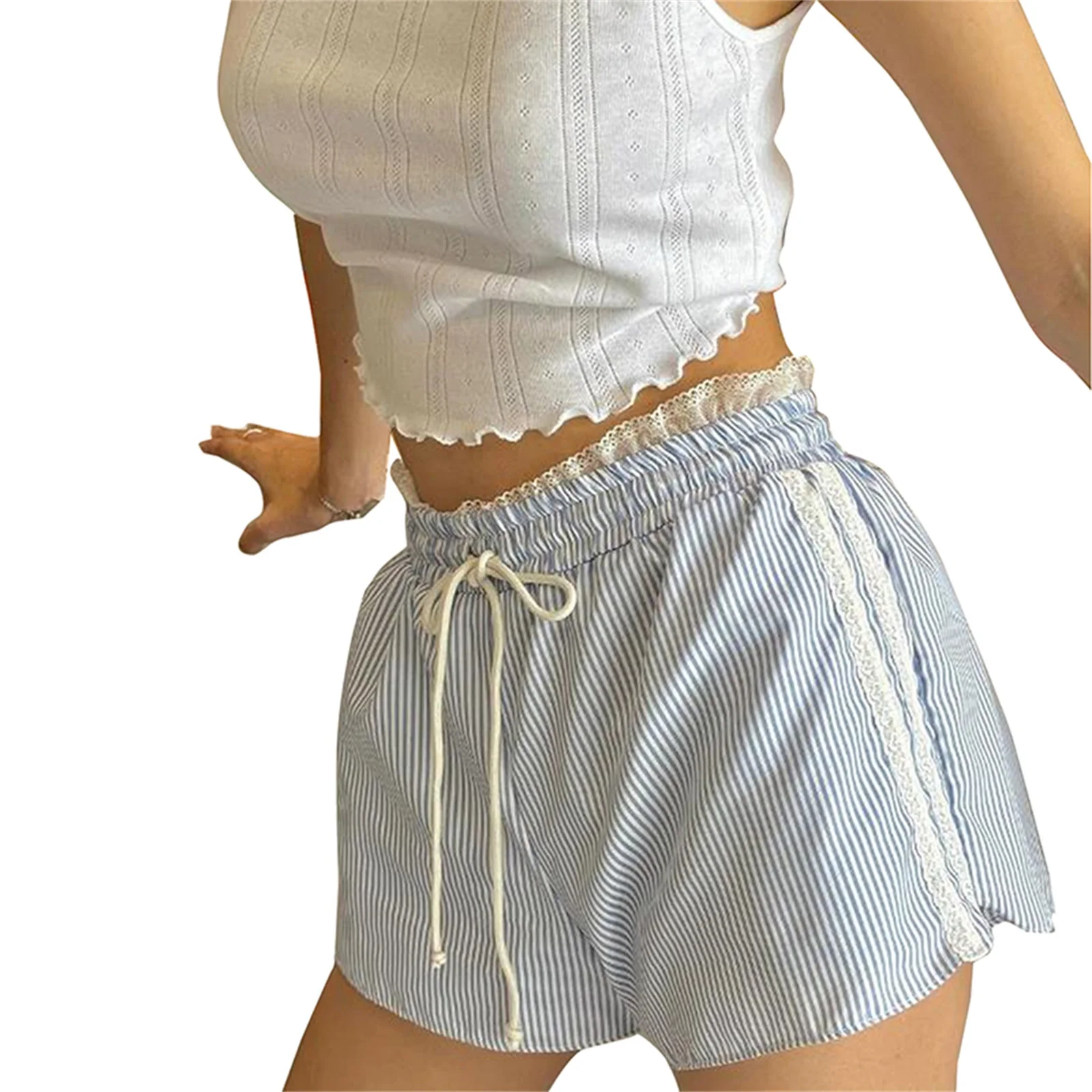 Puloru Hotsweet Striped Shorts Women's Summer Lace Trim Elastic Waist Drawstring Casual Shorts For Streetwear Lounge Bottoms_ecoleips.com