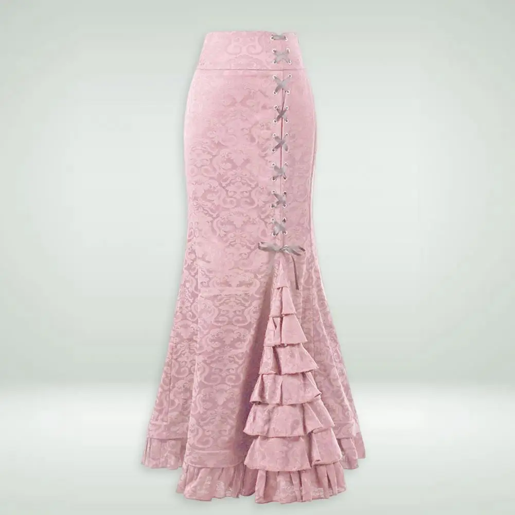 

High-waisted Long Skirt Vintage Party Wear High Waist Lace-up Mermaid Skirt with Ruffle Hem Zipper Retro Slim Fishtail for Women