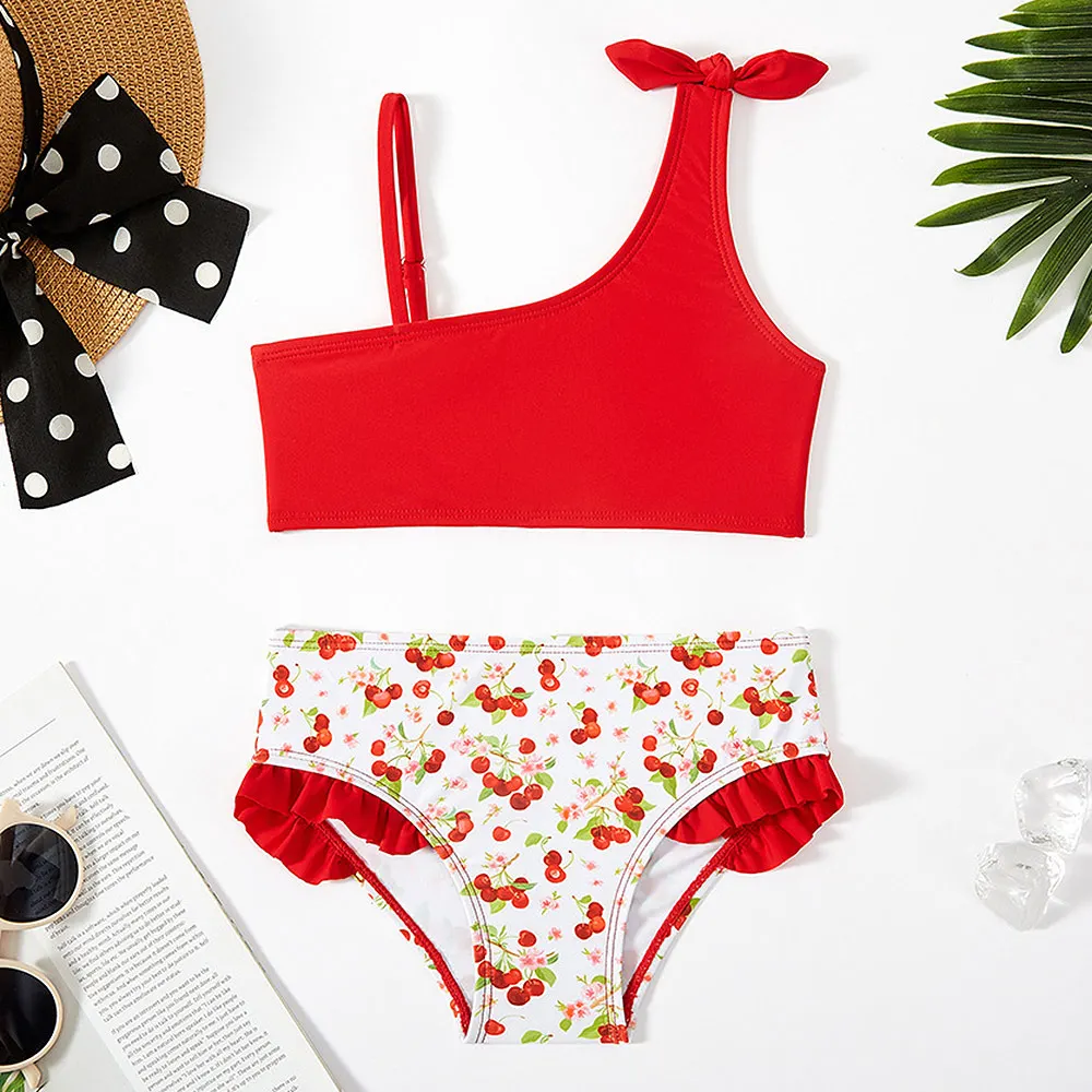 514YearsGirlsSwimsuitKidsTropicalFloralRuffleFlounceBikini