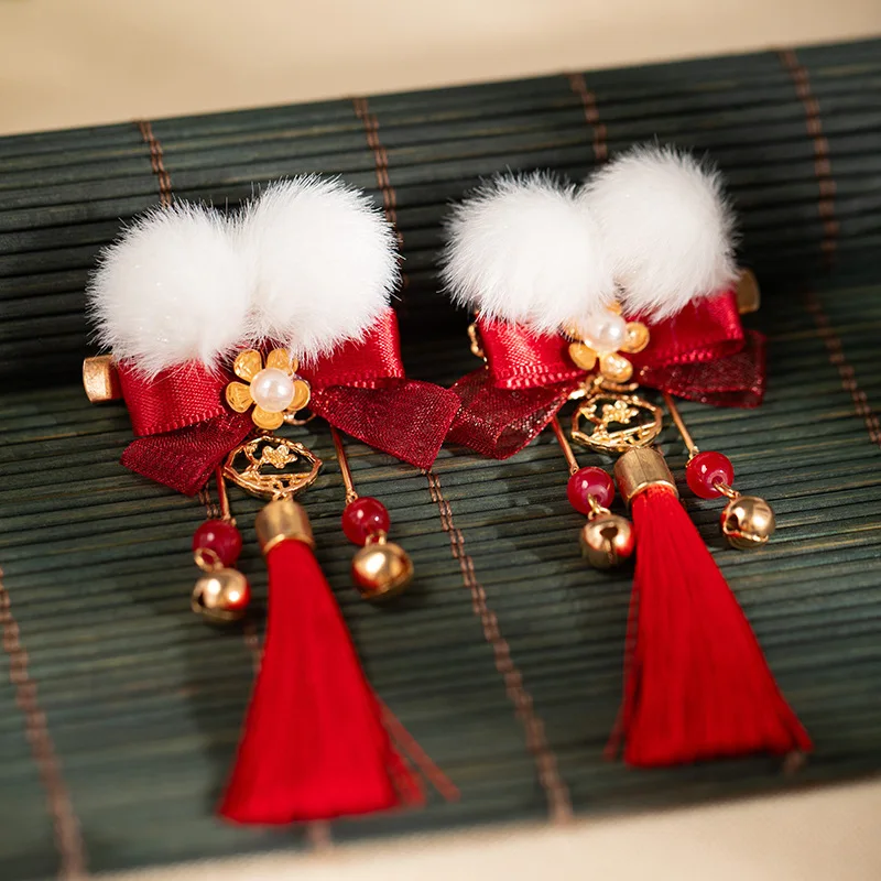 2 stücke Hanfu Haar Zubehör Neue Jahr Pom Pom Haar Clips Rote Quaste Alten Stil Kopfbedeckungen Festliche Urlaub Passenden Clips