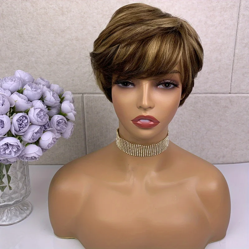Pixie Cut Wig With Bangs Short Straight Mixed Color Remy Brazilian Human Hair Full Machine Made wig human hair wigs