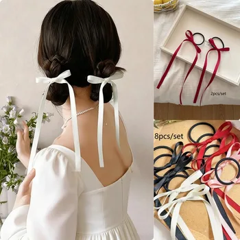 2/8 pezzi Nuovi elastici per capelli minimalisti con fiocco in nastro tinta unita, versatili, per donne e ragazze, accessori per feste