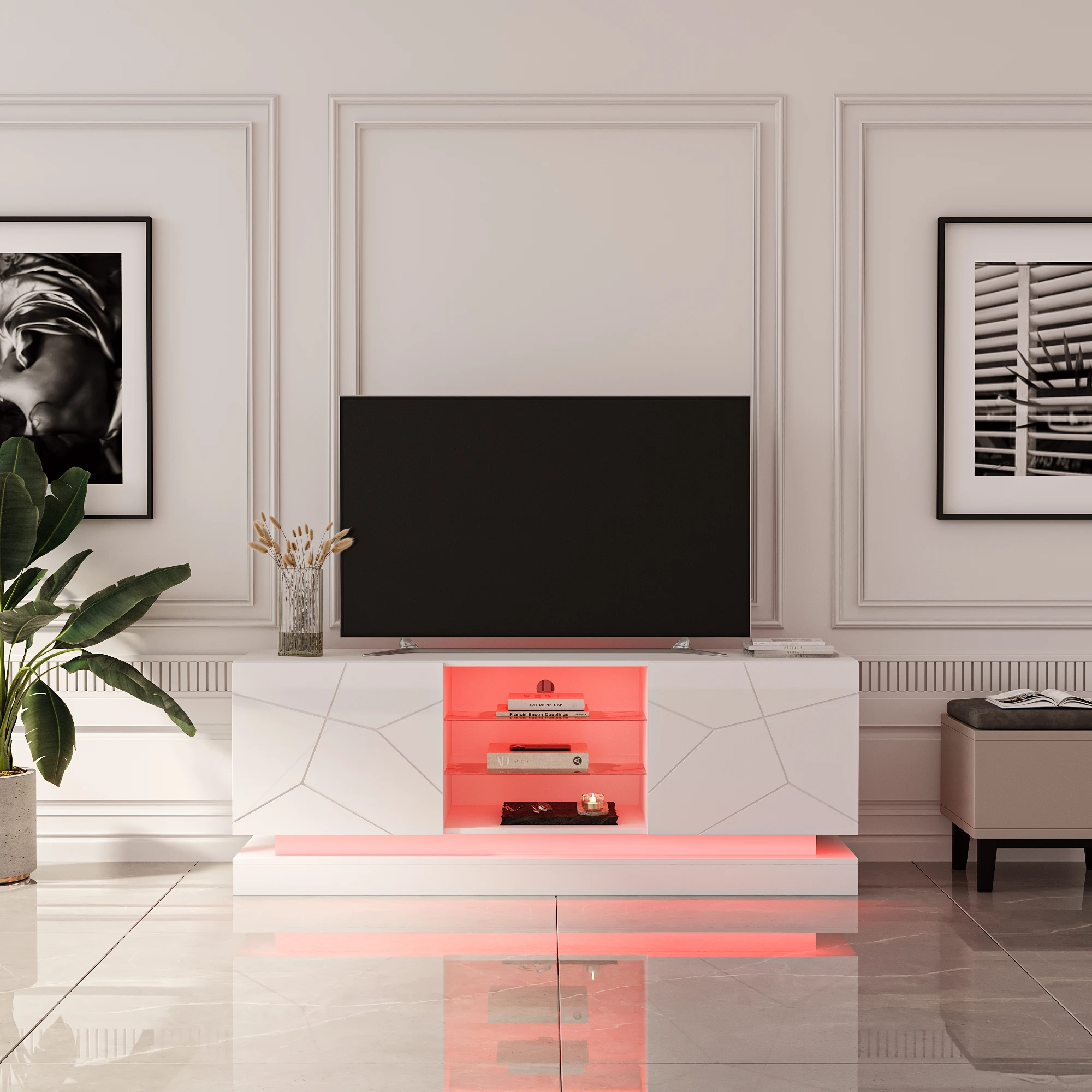 

High GlossyGamingEntertainment Center with Double Door Storage,TVMedia Center with Display Glass Shelves for LivingRoom,Bedroom