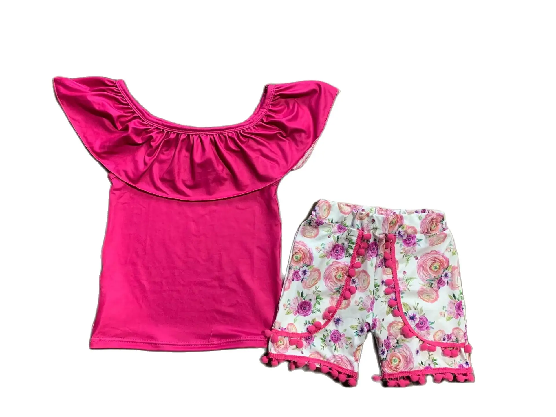 

Summer Sleeveless Girls Suit Rose Red Round Neck Top Floral Print Shorts Two-piece Sweet Children's Clothing