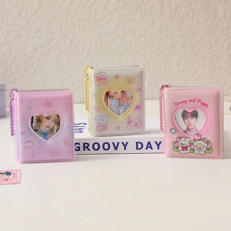 Mini Photo Album Keychain 3 Inch 16 Pockets For Small Photos Collectible Book Cartoon-Themed With Bear Rabbit Durable