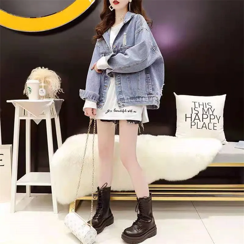 

Куртка женская джинсовая с вышивкой, модная повседневная верхняя одежда из денима в стиле пэчворк, с надписью, базовая синяя верхняя одежда, весна-осень