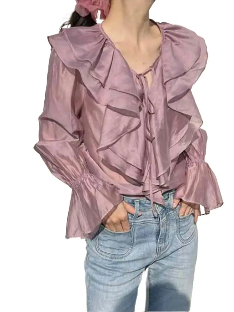 

Fashion Casual Double Layer Ruffle Collar Full Sleeve Tops And Blouses Harajuku Solid Shirt Summer Women's Office Lady Shirt 5XL