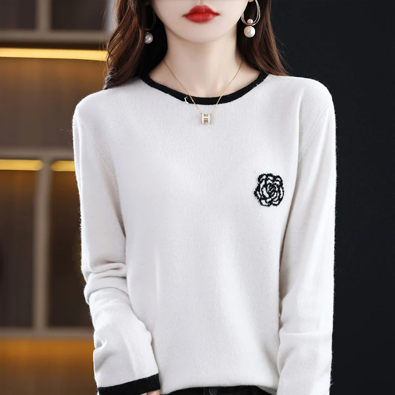 

Camellia Embroidery Women's Wool Patchwork Sweater Knitted Korean O-Neck Office Women's Warm And Elegant Black And White Pullove