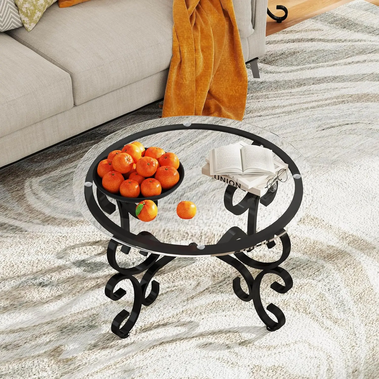 Lift Top Coffee Table with Hidden Storage Compartment Shelves and 2 Fabric Baskets, Retro Central Table with Wooden Lift-Up Tabl 5