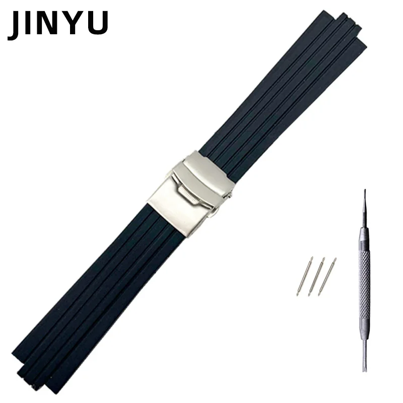 Cinturino In Gomma Siliconica Nera Da 24Mm X 11Mm Per Cinturino Oris Aquis Cinturino Convesso Cinturino Da Polso Con Fibbia Di Sicurezza In Acciaio In