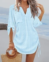 Women's V-Neck Hollow Out Beach Tunic - Lightweight Summer Cover Up with Side Tie Details - Image 3