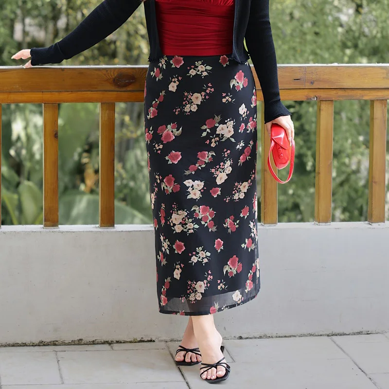 Plus Size Women's Straight Skirt Premium High Waist Rose Floral Print  Back Slit Chiffon Skirt Summer 2025