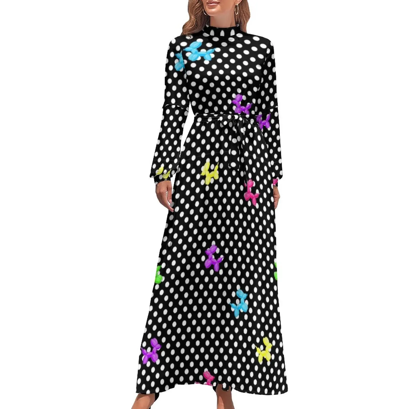 

Dog Balloon Dress Polka Dot Print Party Design Maxi Dress High Waist Long Sleeve Streetwear Boho Beach Long Dresses