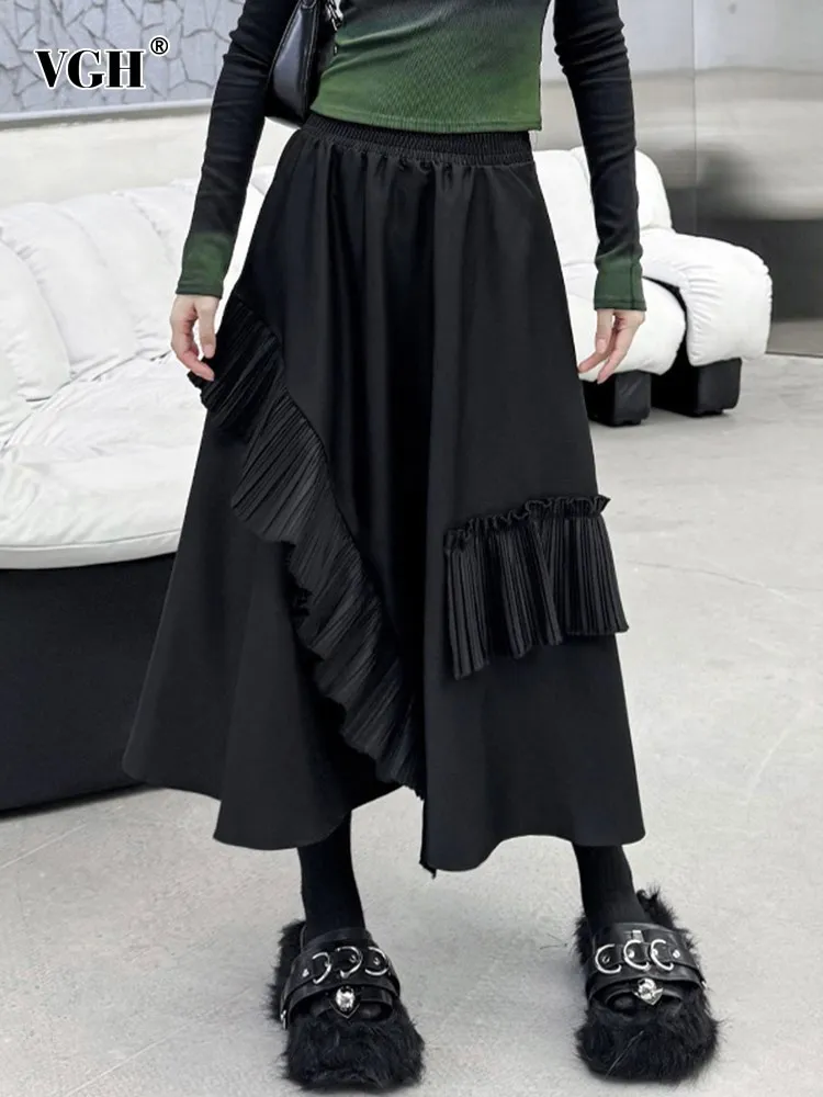 

VGH Minimalist Solid Irregular Skirt For Women High Waist Patchwork Folds Loose Casual Long Skirt Female Fashion Style Clothes