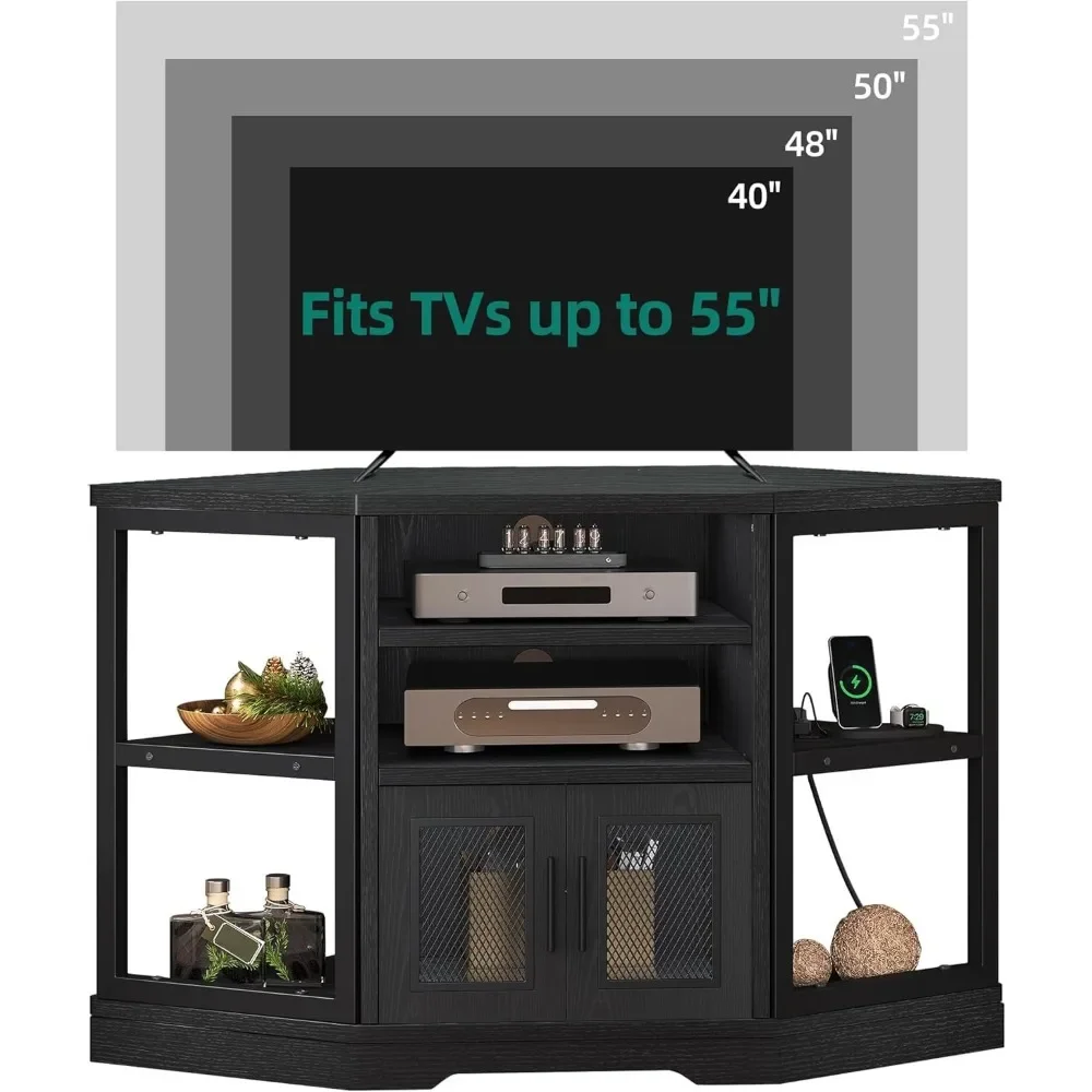 New2025-Corner TV Stand for TVs up to 55/50 Inch with Power Outlet, Modern Farmhouse Entertainment Center, Wood TV Media Console