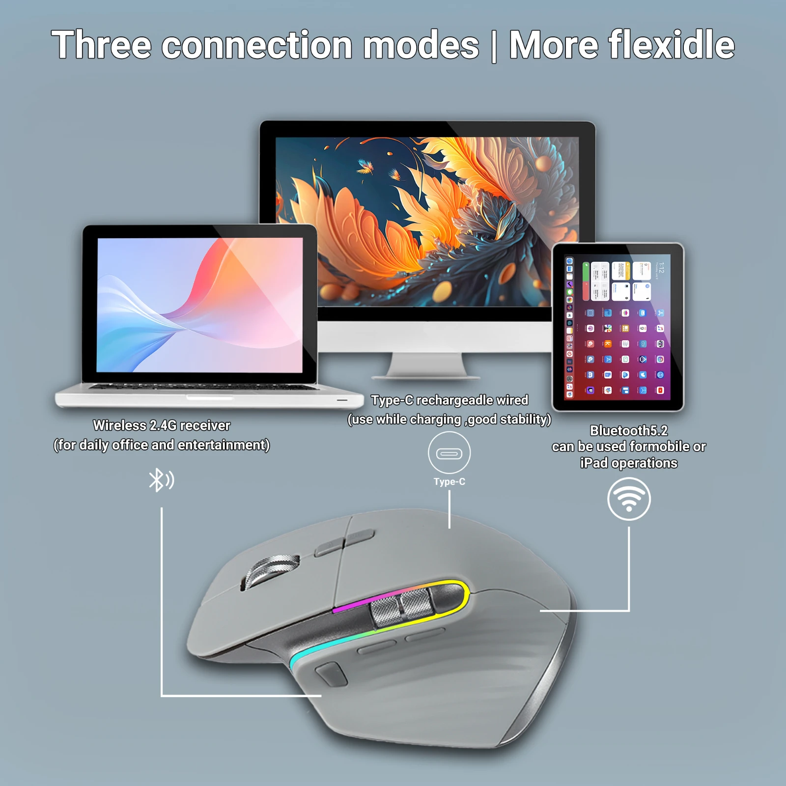 Mouse para Jogos sem Fio Tri-mode Bluetooth 2.4g Ergonômico Usb-c Rgb Recarregável Ratos para Laptop pc Tablet 5dpi - Imagem 3