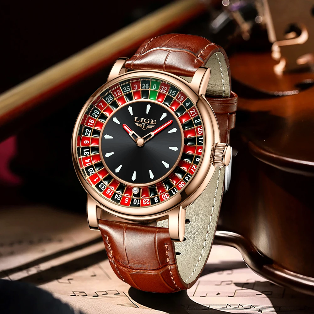 LIGE Fashion Brown Leather Men Watch Rotating Dial Las Vegas Roulette  Desktop Theme Watch Men Waterproof Luminous Clock Watches - AliExpress