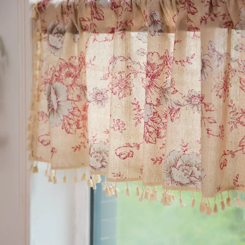 미국 유럽 빈티지 모란 꽃 커튼, 거실 침실 창 리넨 커튼, 주방용 짧은 캐비닛 커튼 