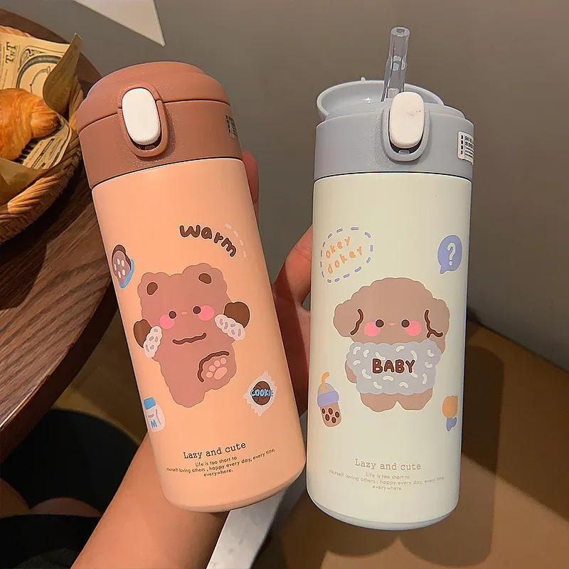 Stainless Steel Thermos Vacuum Flask Creative Straw Cup Cute Thermal Insulation Water Bottle Practical Gift About 380ml