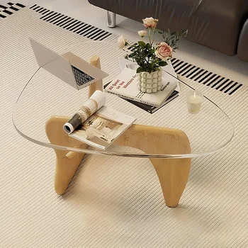 MidCentury Modern Coffee Table Triangle Glass Top tural Wood Base Triangle Coffee Table for Living Room Patio Office Abstract E 4