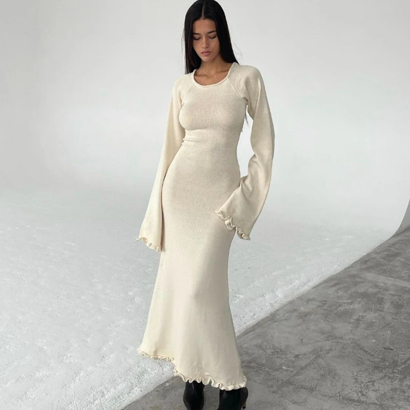 

Women Knitted Bodycon Dress Long Sleeve Tie Backless Round Neck Dress Solid Color Ruffle Trim Casual Dresses Fashion Clothes Y2k
