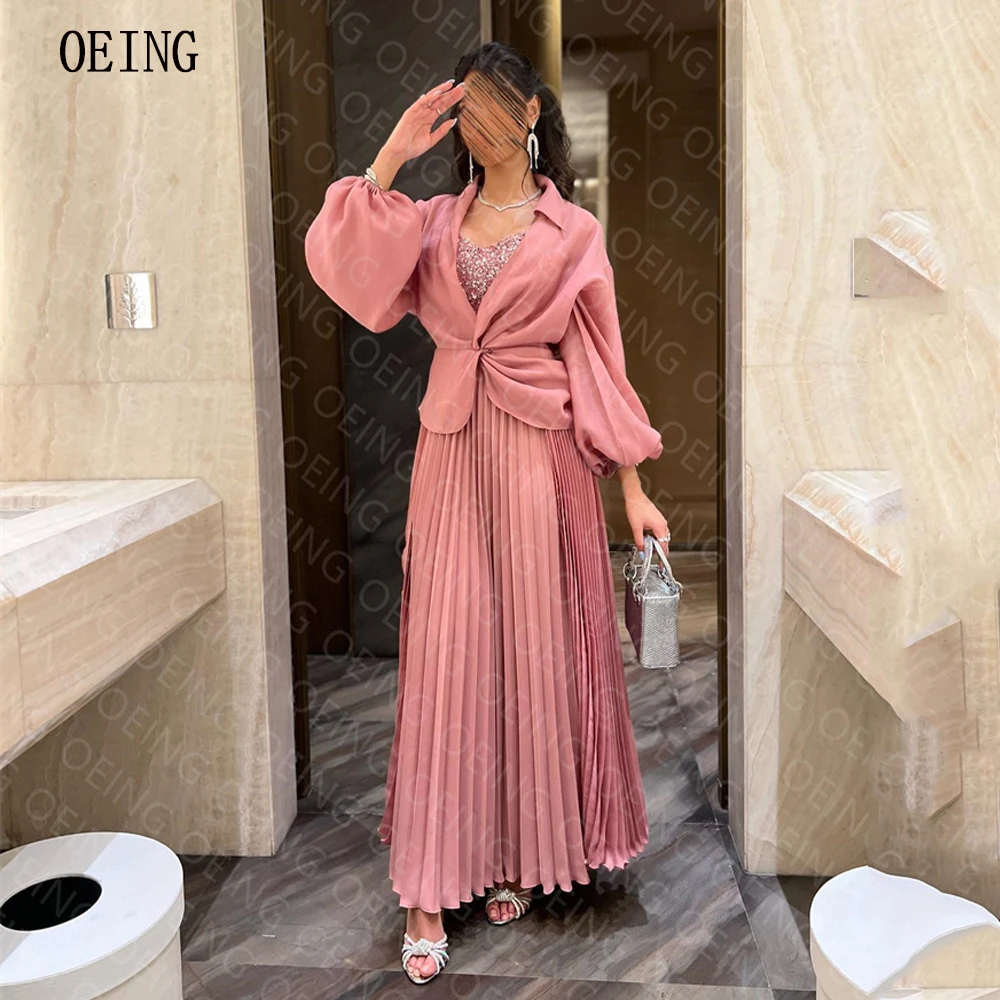 

OEING Pink A-lineV-neck Overcoat Jackect Sleeves Saudi Arabic Prom Gowns Luxury Floor Length Pleated Formal Evening Party Dress