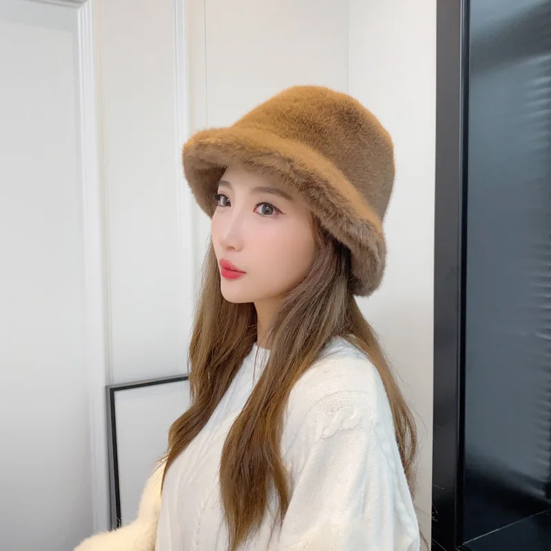Fashion Women Fluffy Fur Bucket Hat Winter Warm Soft Plush Fisherman Panama Cap Femme Vintage Leopard Bob Sunbonnet Visors Gorro