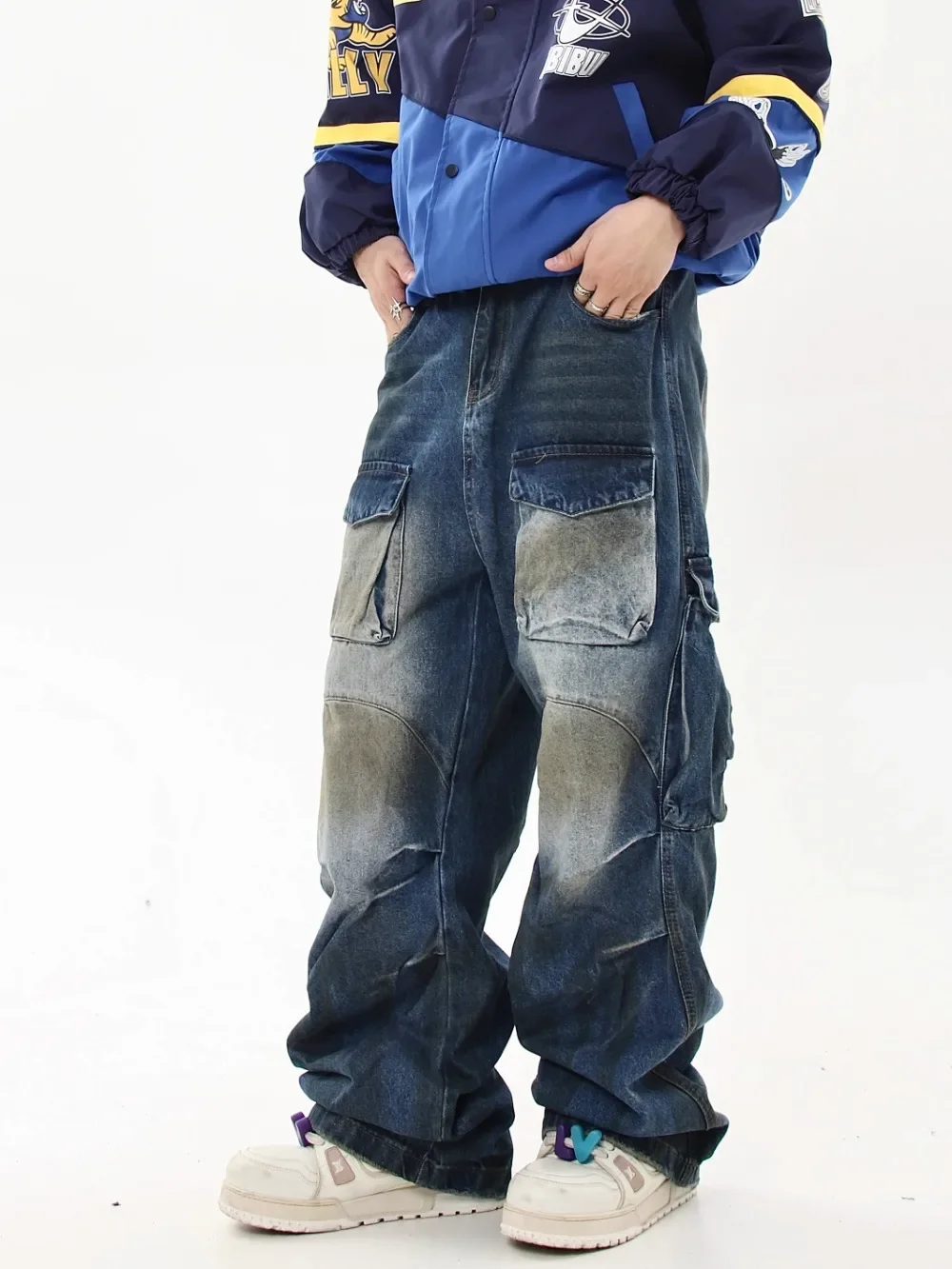 Dirty Fit Baggy Jeans Men's Straight Pleated Multi-pocket Streetwear Men Distressed Cargo Pants
