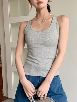 تي شيرت صيفي 2025 بدون أكمام للنساء ملابس Y2K تي شيرتات قطنية برقبة دائرية ملابس علوية ضيقة غير رسمية أساسية تي شيرت Ropa De Mujer