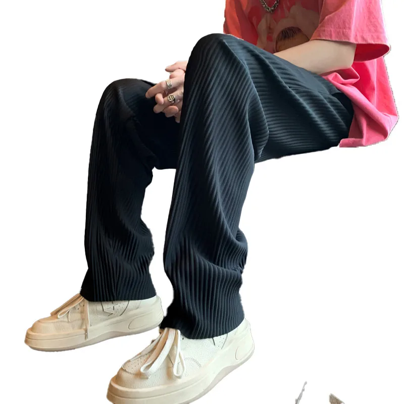 Men Summer Casual Pants Black Gray Ice Silk Pants Japanese Streetwear Hip-hop Loose Straight Trousers Mens Pleated casual pants
