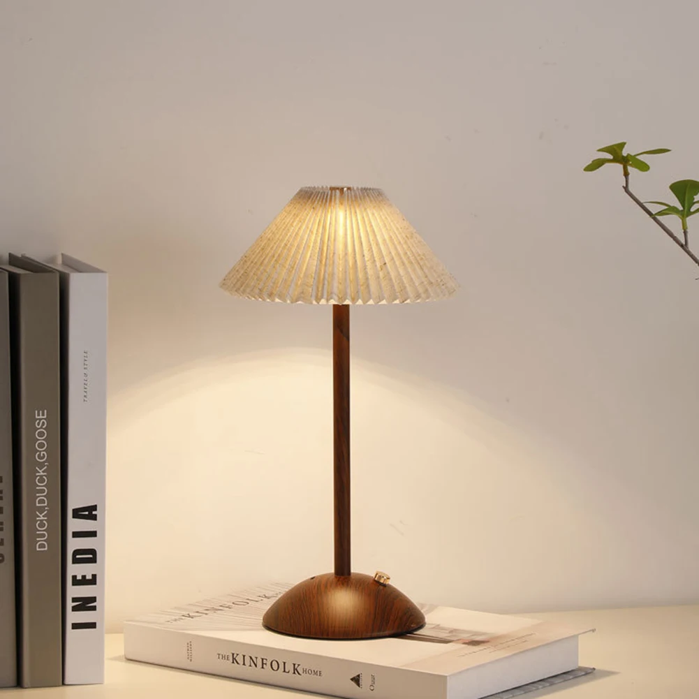 Portable LED Desk Lamp Wood Base Small Table Lamp Fabric Shade Dimmable Touch Lamp Rechargeable for Living Room Dorm Home Office 3