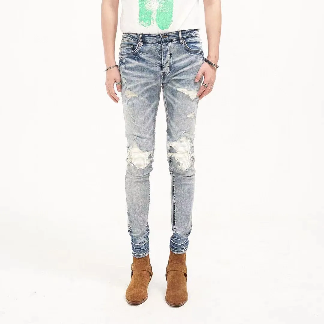 

2022 Punk Knee Pleated Jeans Blue Black High Street Holes Patch Jean Male Beggar Pant Long Pants Trend Patchwork Jeans For Men