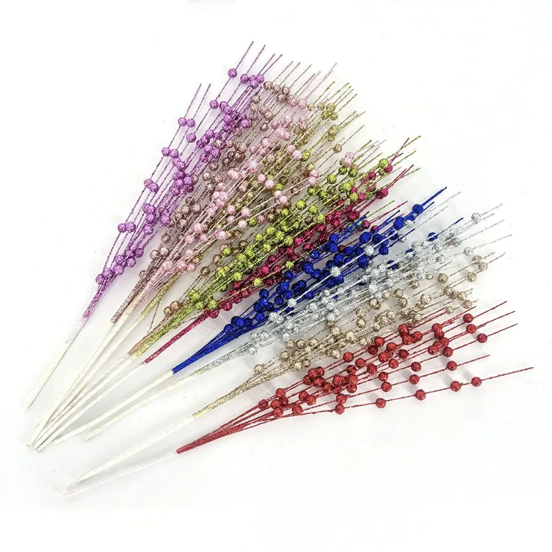 Artificial Flowers Christmas Berry Golden Branch Fake Plants Stem Tree Wreath DIY Home Christmas Wedding Decor Table Craft Gifts