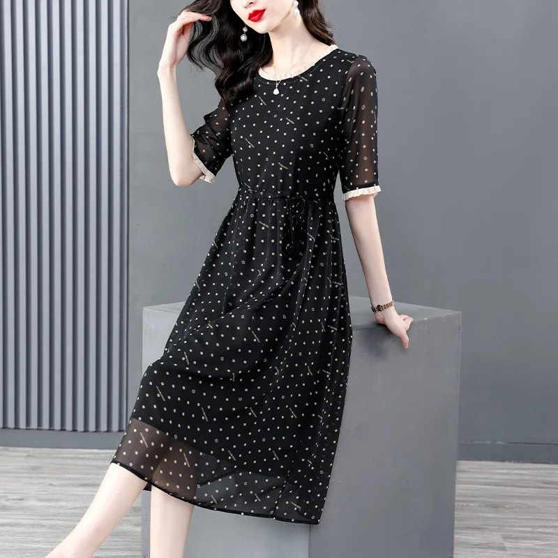 

2023 New Fashion Silk Round Neck Printed Dress Women's Summer Versatile 5/4 Sleeve Loose Fit Holiday Casual Dress Vestidos