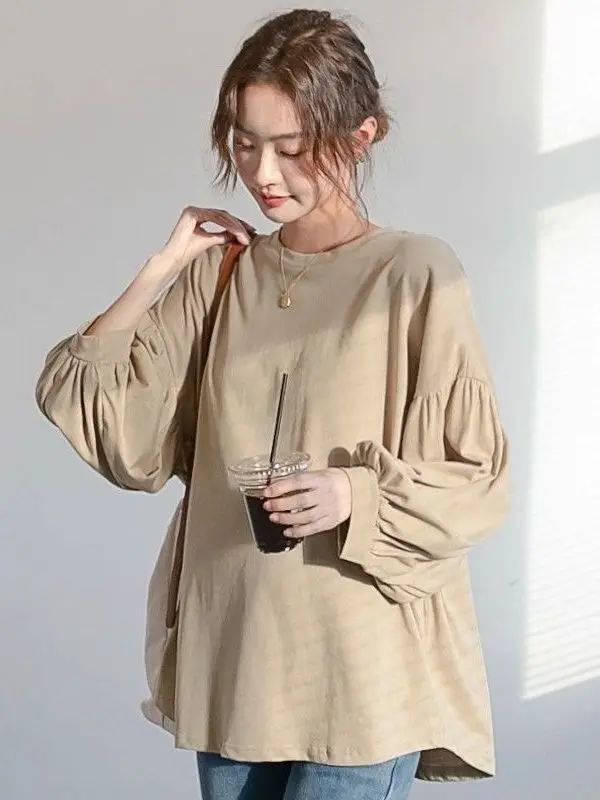 임산부용 긴팔 루즈핏 셔츠 라운드넥 랜턴 슬리브 이너웨어 스웨트셔츠 봄 가을 단색 티셔츠