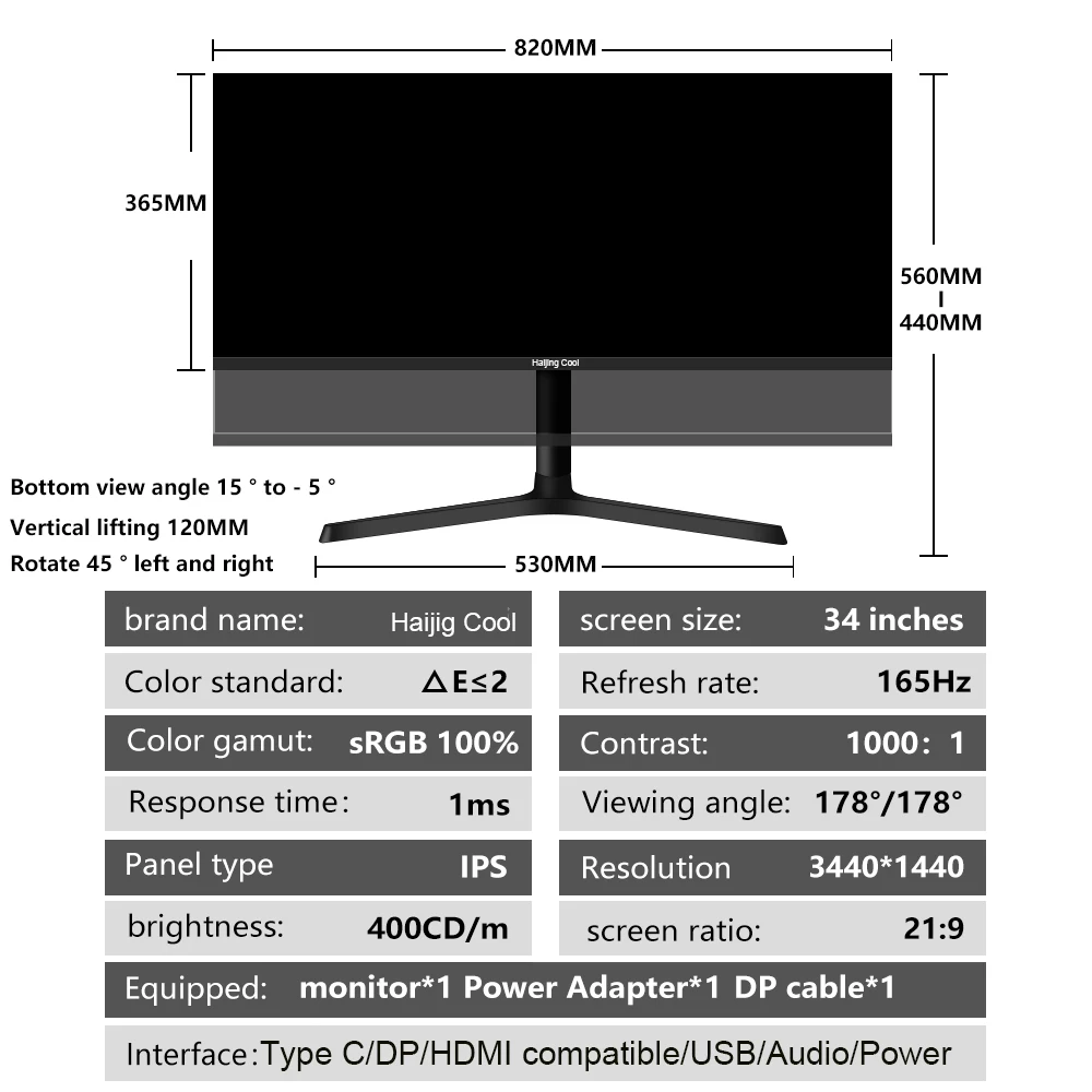 Haijing Cool ̵ ÷ 21:9, WQHD ũž LED ̸ ǻ ȭ, DP, 3440*1440, 34 ġ, 4K, 165Hz , IPS, 144Hz