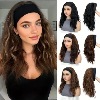 Women's Black Short Wavy Curly Headband Wig Heat Resistant Fiber Synthetic Wig for Daily Party Wear