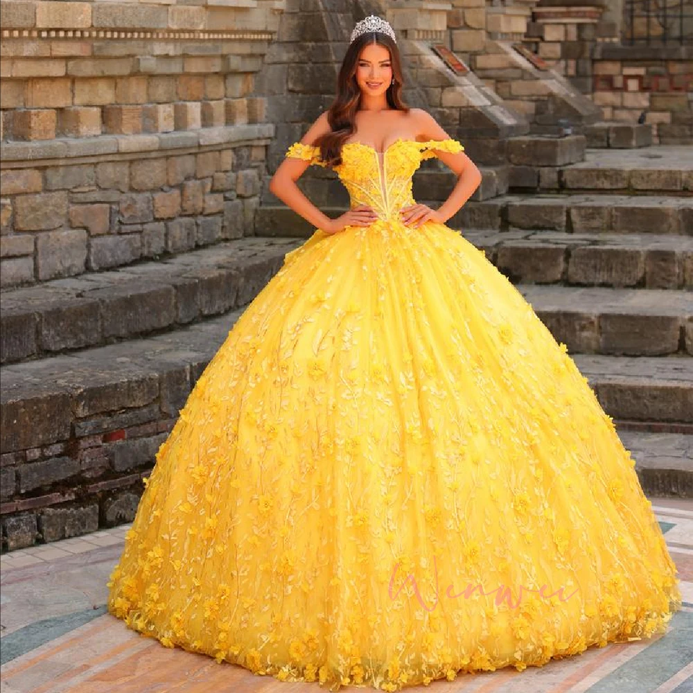 yellow off the shoulder quince dress Yellow Off-Shoulder Quinceanera Dress Custom Puffy Skirt Vestidos De 15 Años
