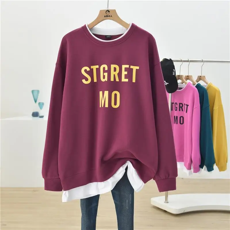 Casual Fake Two Piece Sweatshirts Spring Autumn New Solid Long Sleeve Letter Print Loose Pullovers Fashion Korean Women Clothing