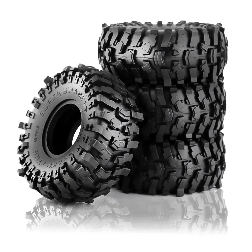 Gros plan sur le caoutchouc souple des pneus RC Crawler 1.9 1/10, idéal pour les rochers.